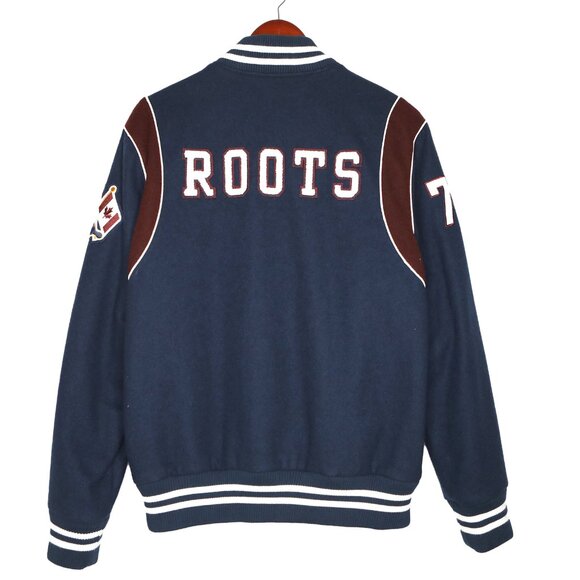 Roots Canada Wool Blend Varsity Jacket Navy Blue & Maroon Patches Mens Classic - Picture 6 of 14